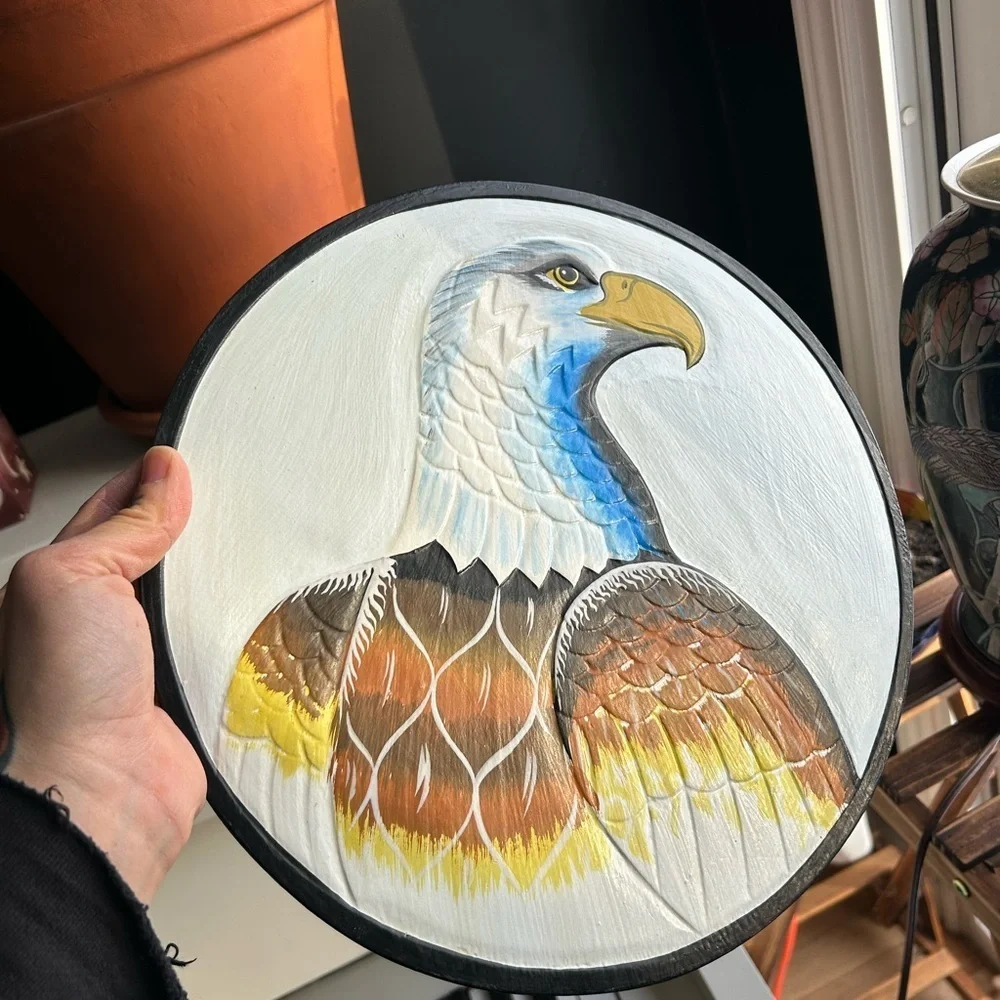 Vintage 11.75" Handpainted Eagle Wall Art White, Blue, Brown, Yellow Indonesia - Picture 12 of 14